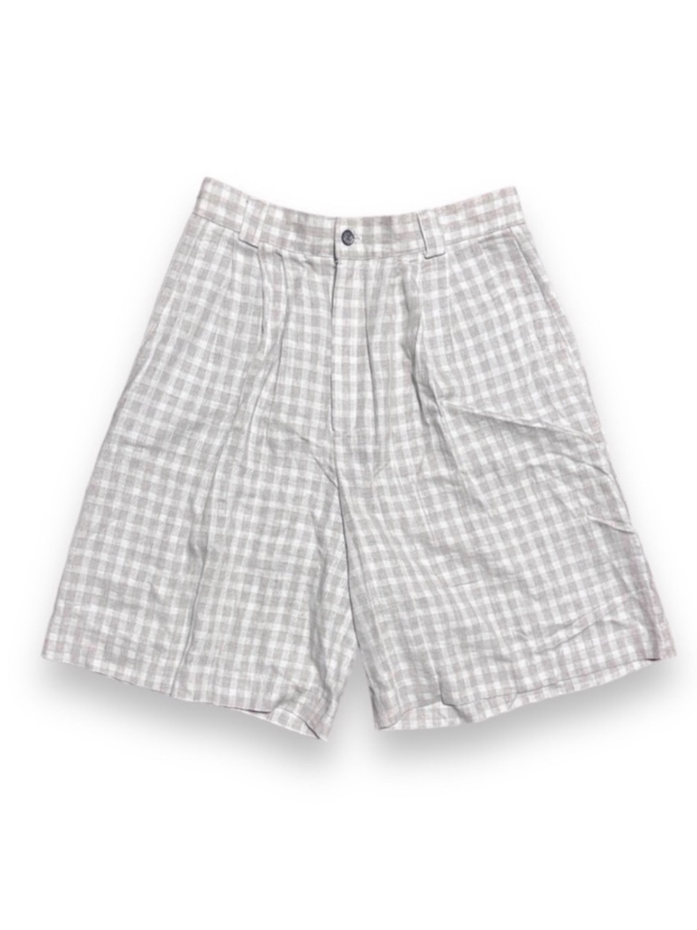 Vintage 80s/90s Beige Plaid Linen Pleated Bermuda Shorts Women’s Size 10 Preppy